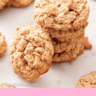 Pinterest graphic of a stack of oatmeal cookies with one leaning beside it.