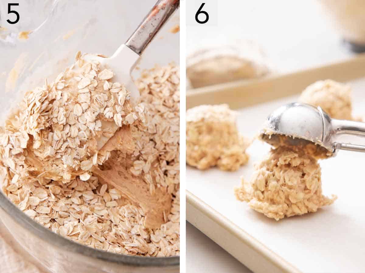 Set of two photos showing rolled oats folded into the batter then scooped onto a lined sheet pan.
