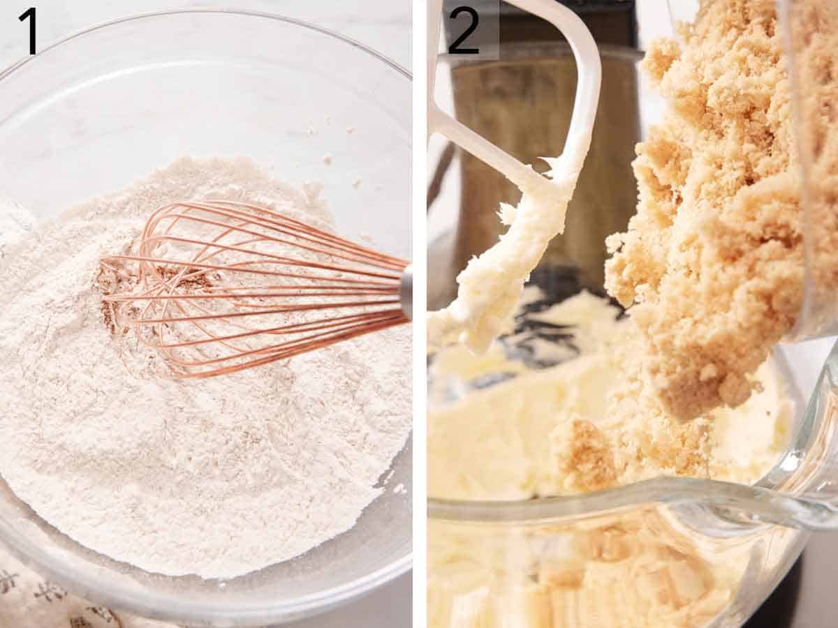 Set of two photos showing dry ingredients whisked together and brown sugar added to the mixer.