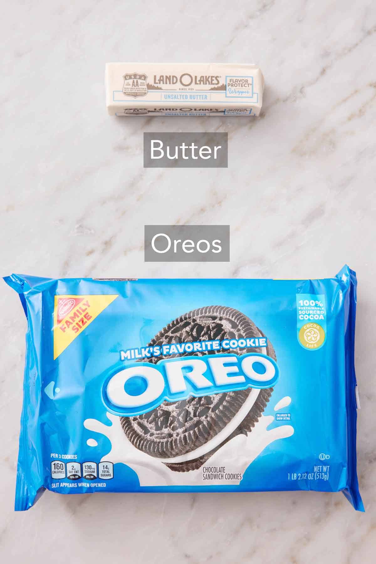 Ingredients needed for an Oreo pie crust.