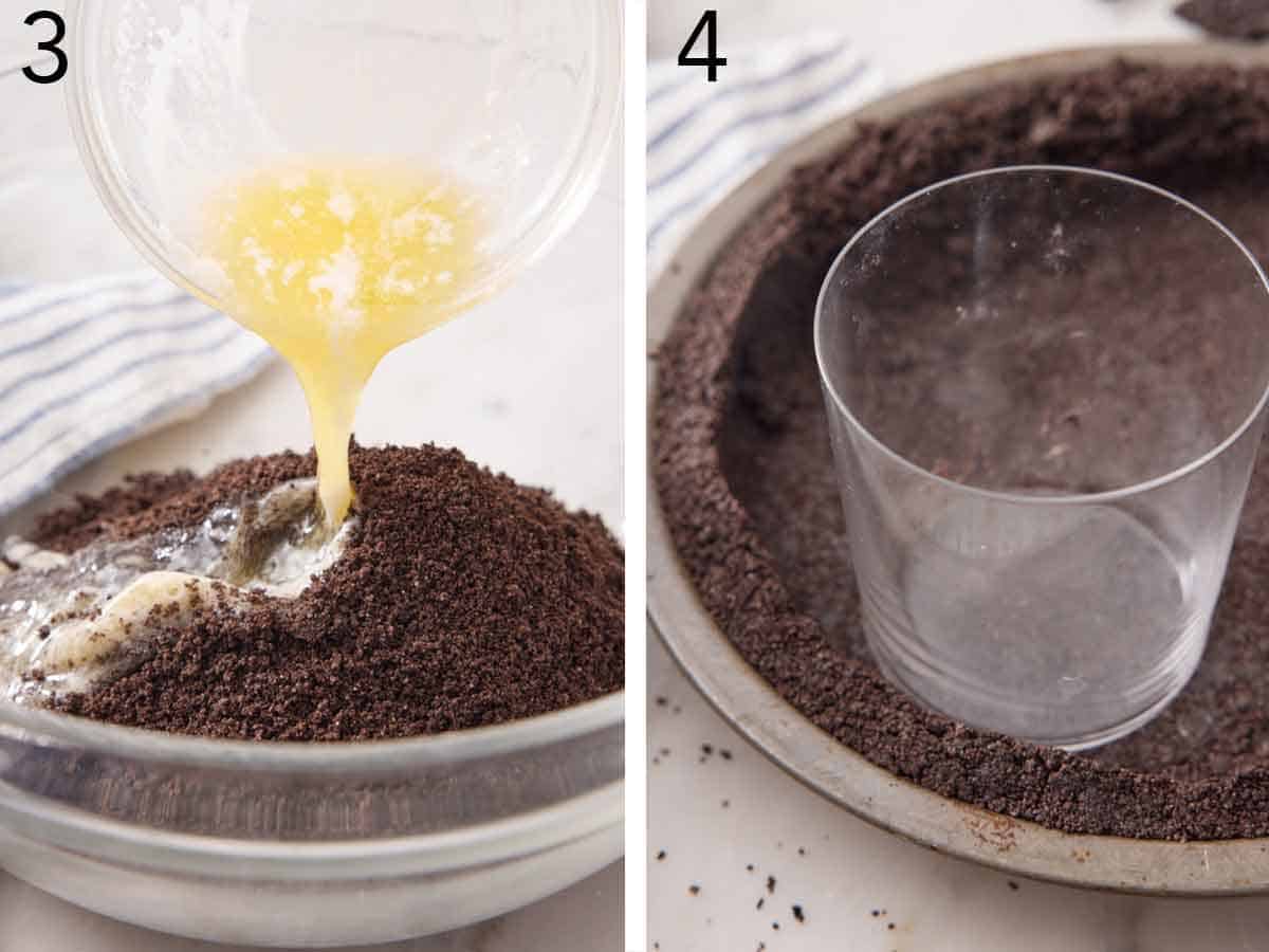 Set of two photos showing melted butter poured into the bowl and the Oreo pie crust pressed into a pan with a glass cup.