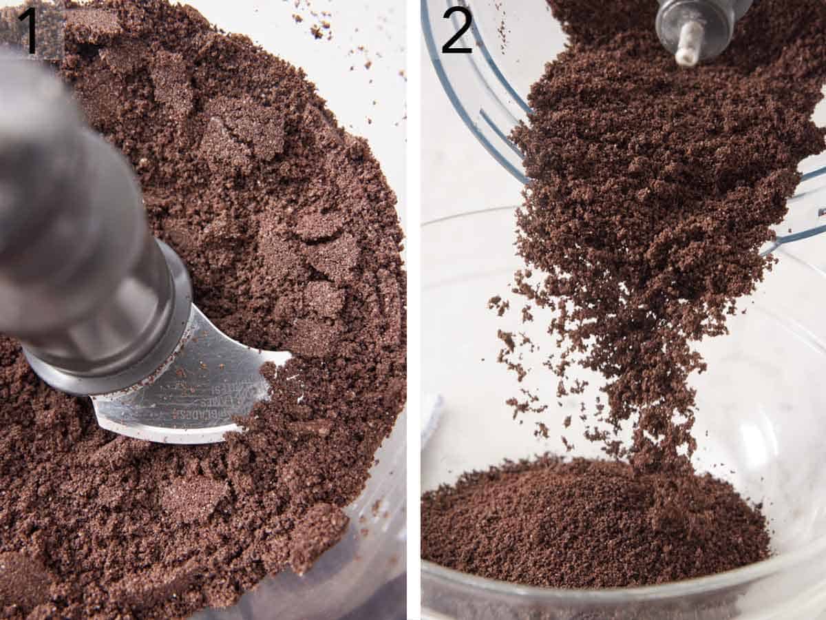 Set of two photos showing cookies crushed in a food processor and poured into a bowl.
