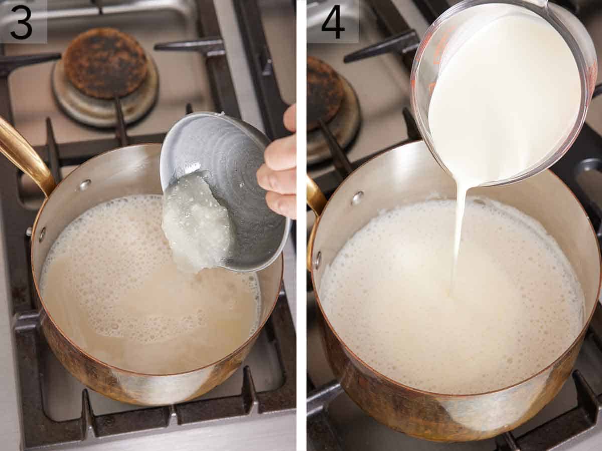 Set of two photos showing gelatin and cream added to the pot.