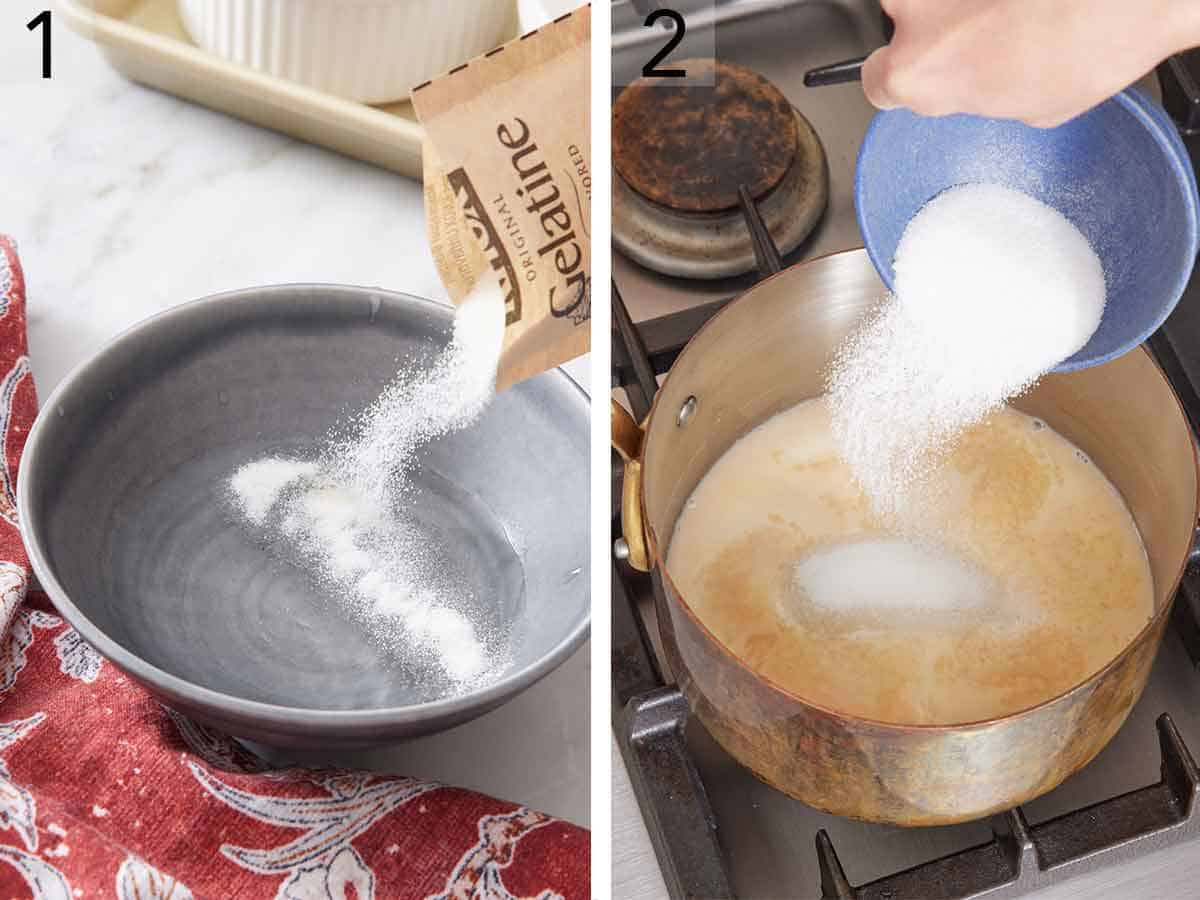 Set of two photos showing powdered gelatin added to water and sugar added to a pot with milk.