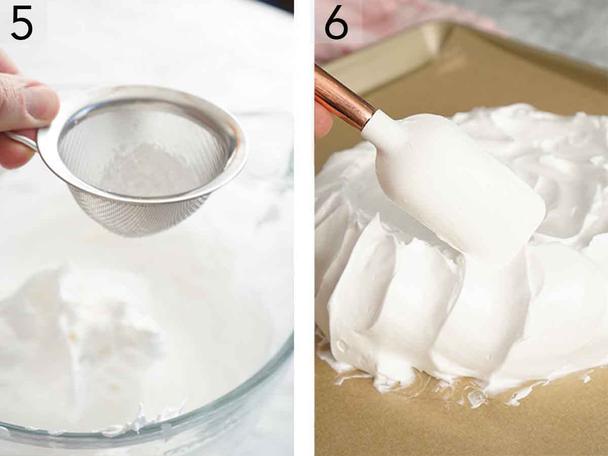 Set of two photos showing cornstarch sifted over the whipped mixture then added to a lined sheet pan.