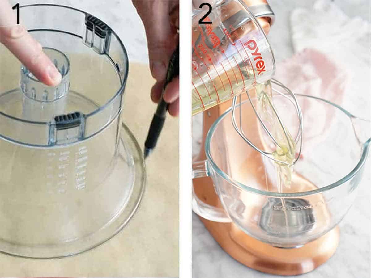 Set of two photos showing a paper traced and egg whites added to a mixer.
