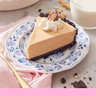 Pinterest graphic of a slice of peanut butter pie with a glass of milk and the rest of the pie in the background.