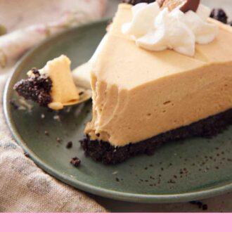 Pinterest graphic of a plate with a slice of peanut butter pie with the tip scooped off onto the fork beside it.