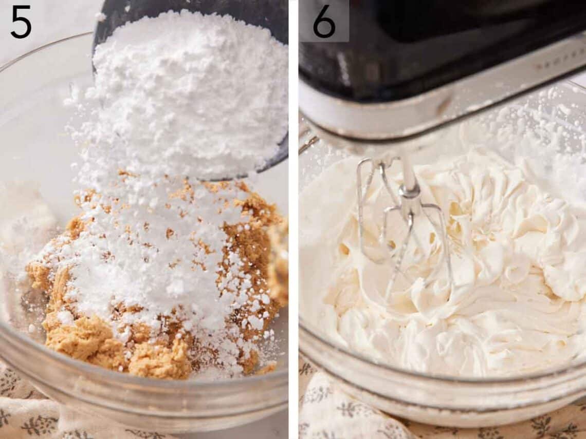 Set of two photos showing powdered sugar added too the mixture and whipped cream whipped.