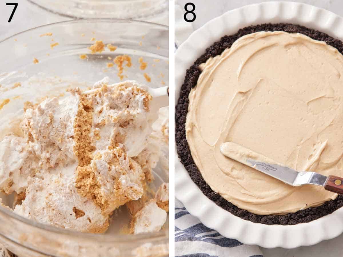 Set of two photos showing whipped cream folded into the filling mixture and spread over the oreo crust.