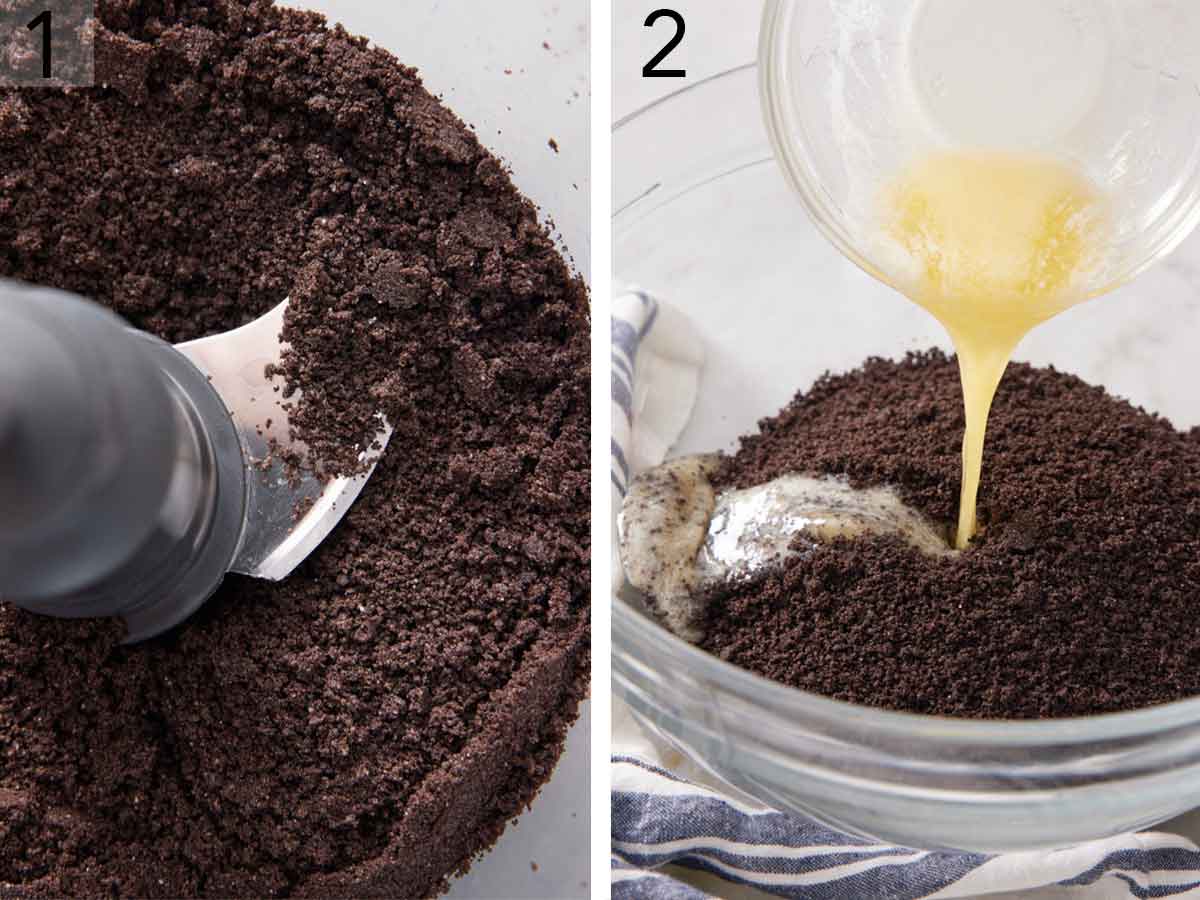Set of two photos showing oreos blended in a food processor and mixed with melted butter.