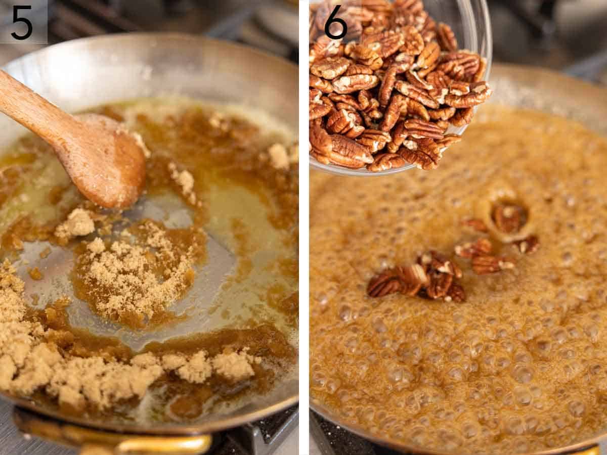 Set of two photos showing brown sugar melted in a pan and pecans added.