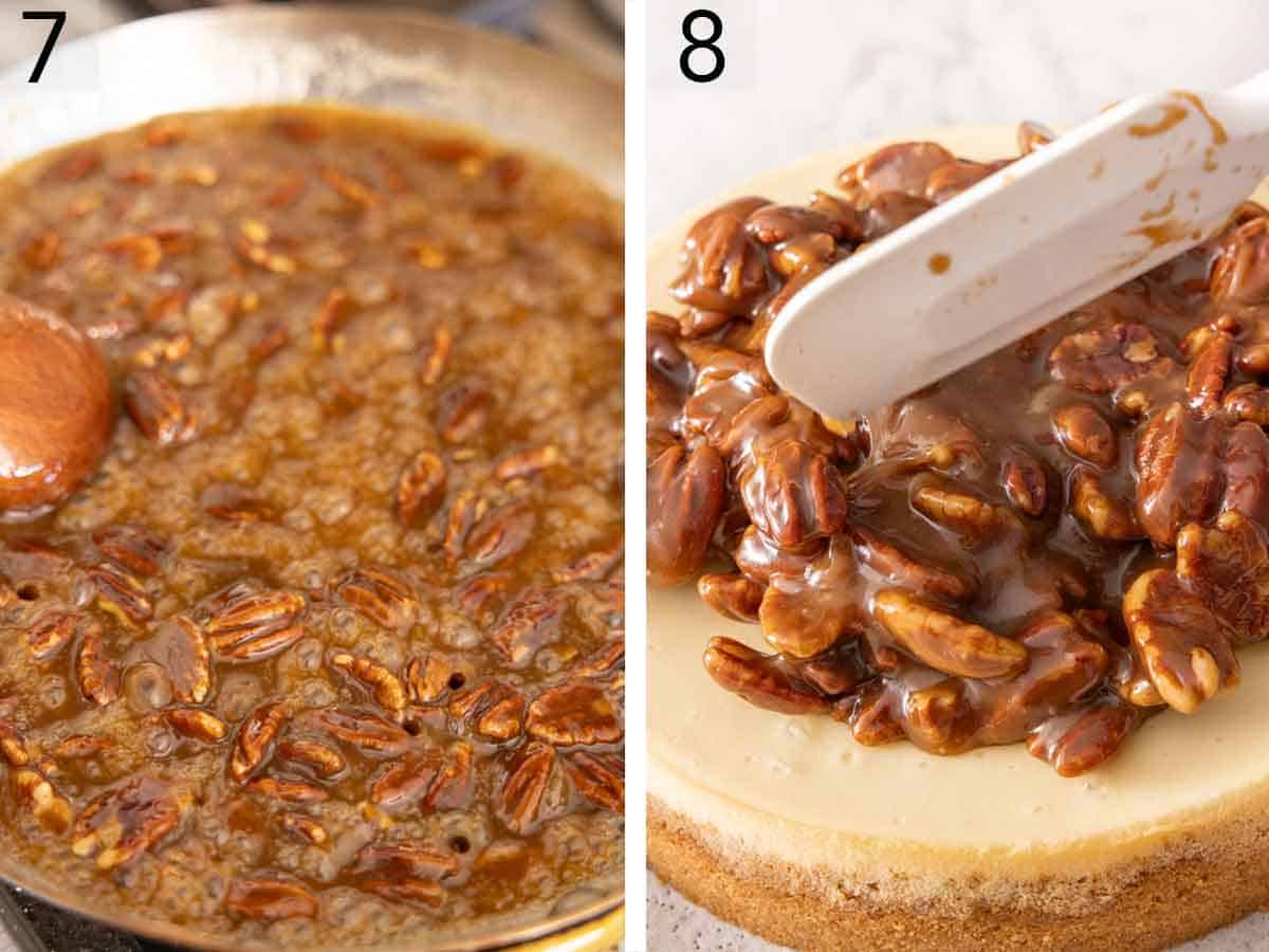 Set of two photos showing pecan mixture cooked and transferred on top of the cheesecake.