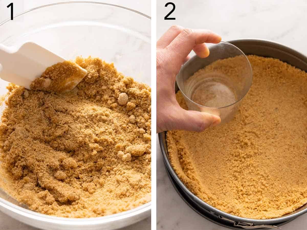Set of two photos showing crust ingredients mixed together and pressed in a pan.