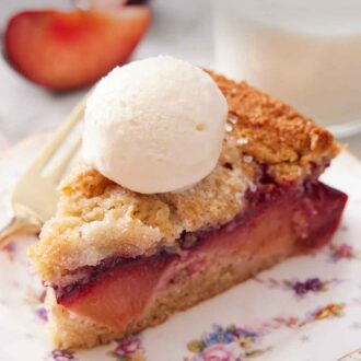Pinterest graphic of a plate with a slice of plum cake topped with a scoop of ice cream.