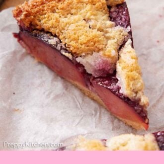 Pinterest graphic of a slice of plum cake on top of parchment paper.