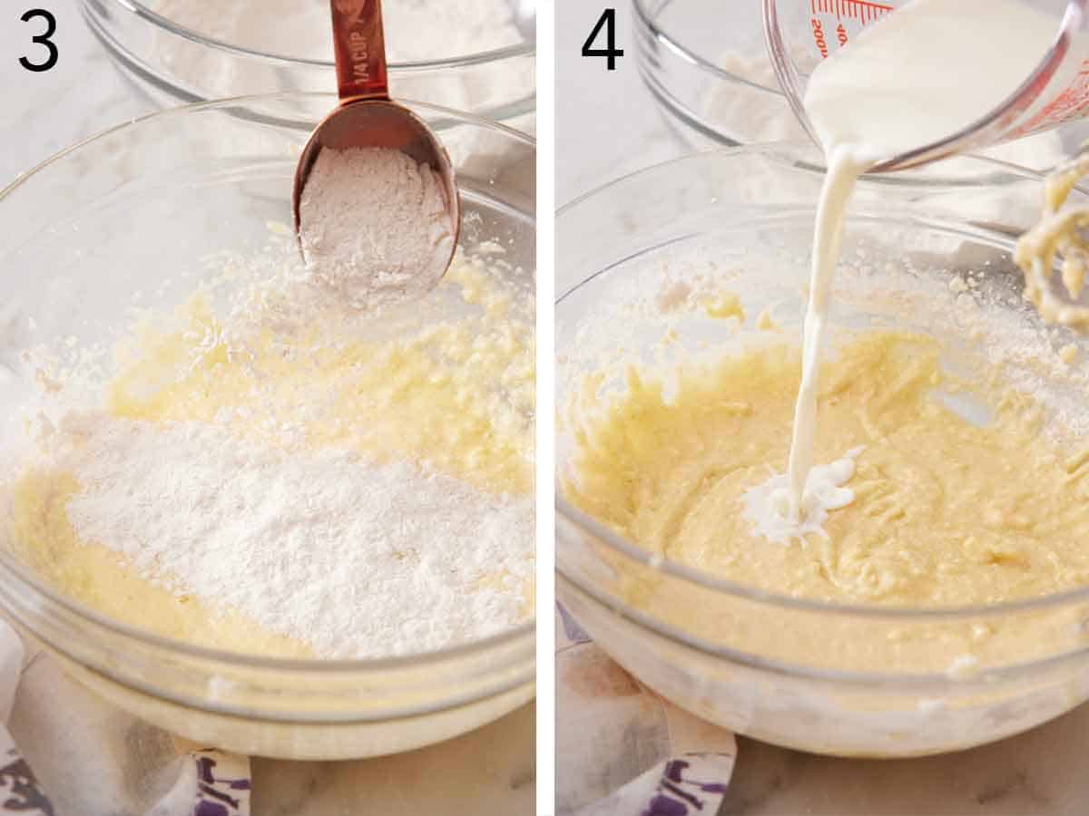Set of two photos showing dry ingredients added to the creamed butter and milk added.