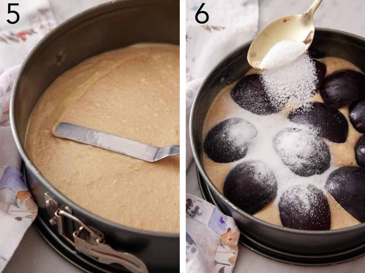 Set of two photos showing cake batter added to a baking pan then plums and sugar added on top.