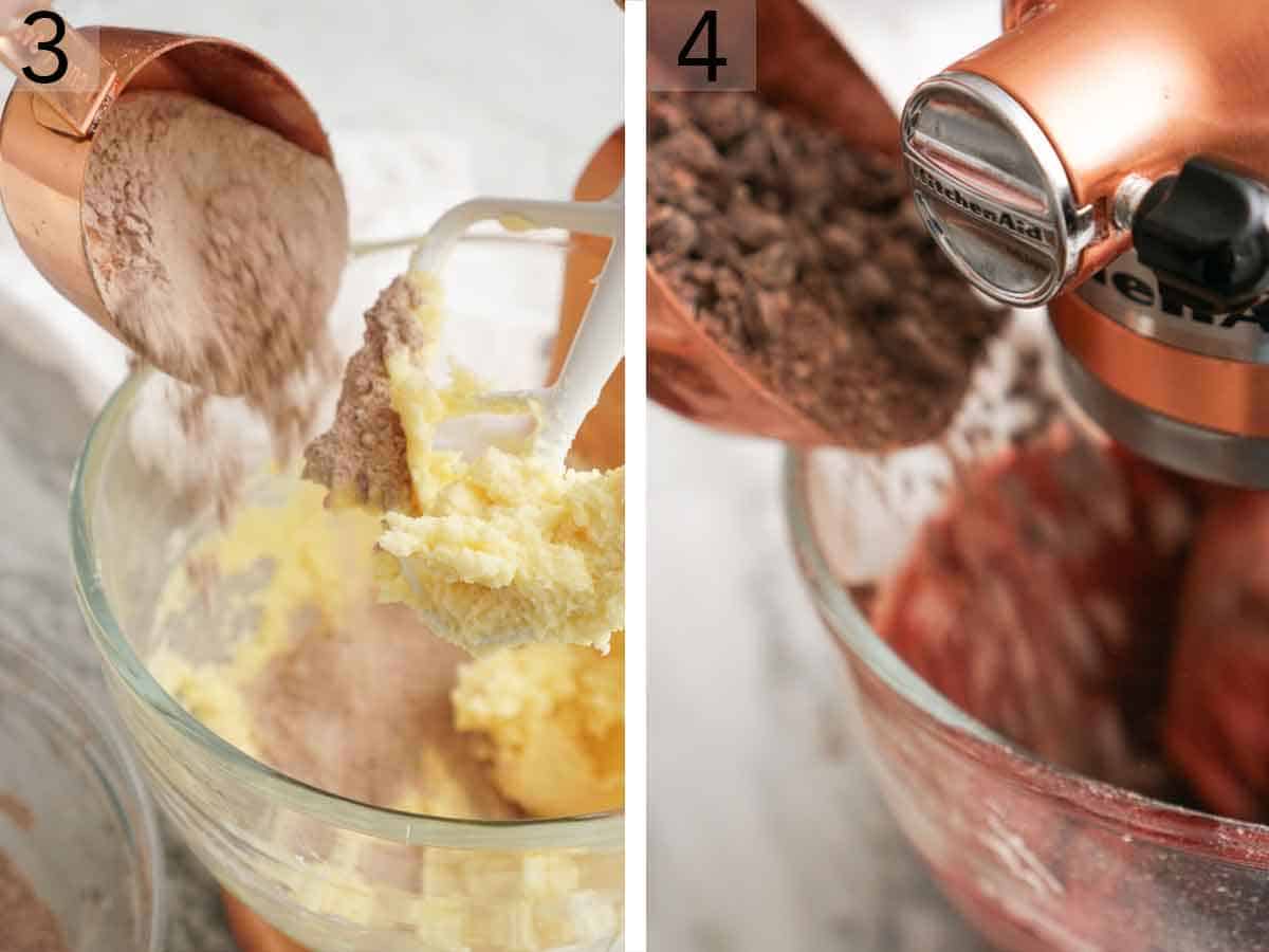 Set of two photos showing dry ingredients added to the mixer.