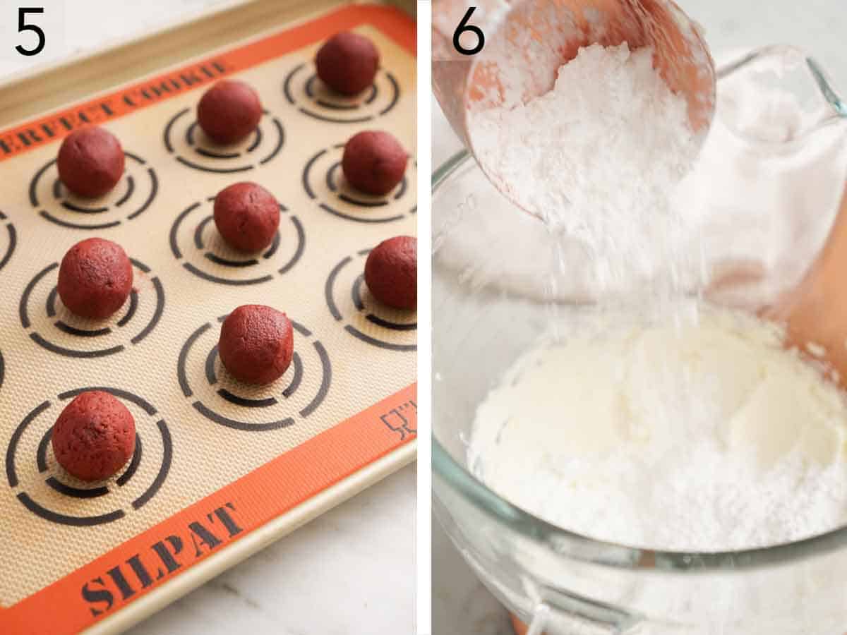 Set of two photos showing rolled dough on a sheet pan and powdered sugar added to a mixer.