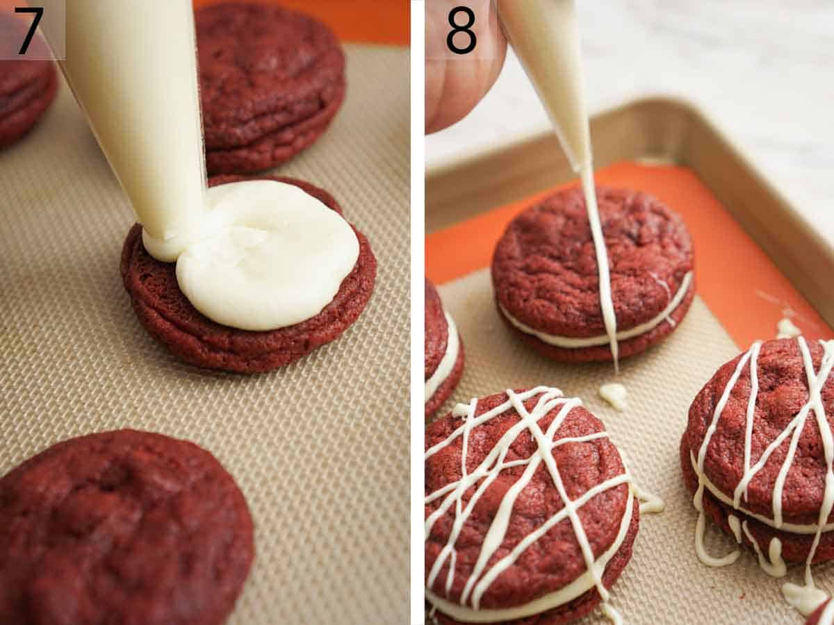 Set of two photos showing cream cheese filling added to the cookies and white chocolate drizzled on top.
