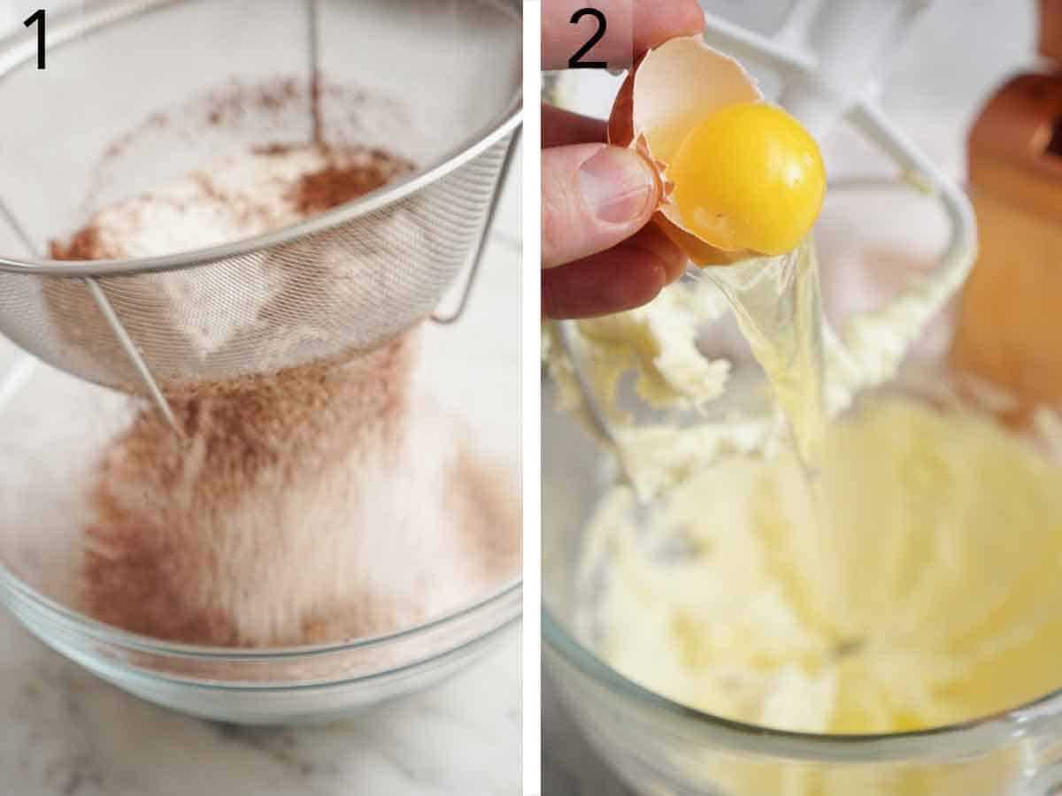 Set of two photos showing dry ingredients whisked and egg added to creamed butter.