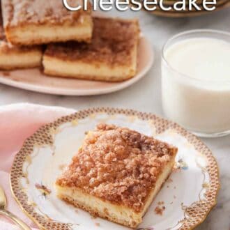 Pinterest graphic of a square slice of a sopapilla cheesecake with a glass of milk and additional slices in the background.