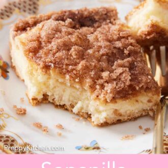 Pinterest graphic of a plate with a slice of sopapilla cheesecake with the corner taken off onto a fork.