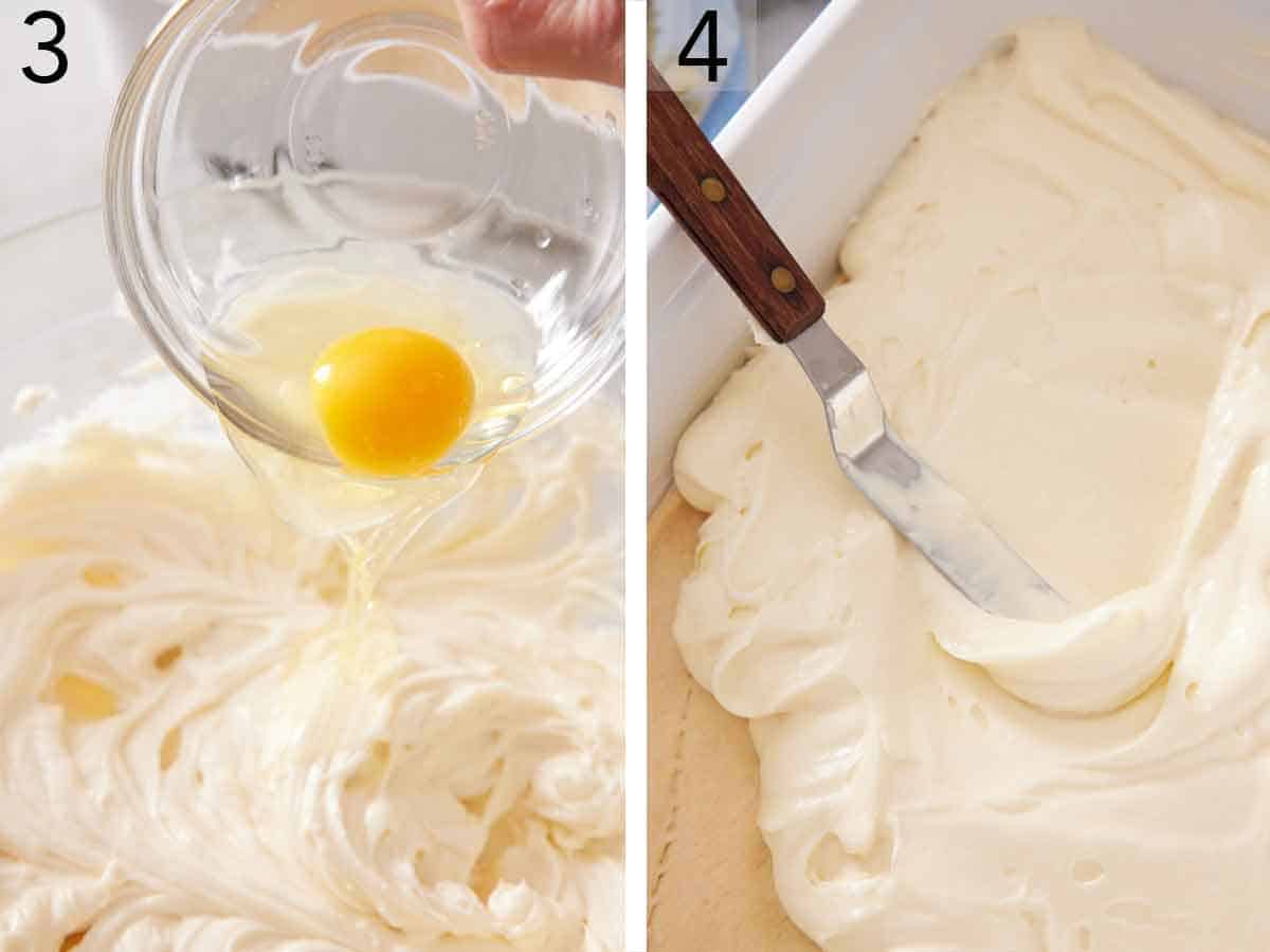 Set of two photos showing egg added to the cream cheese batter and spread over the dough in the dish.