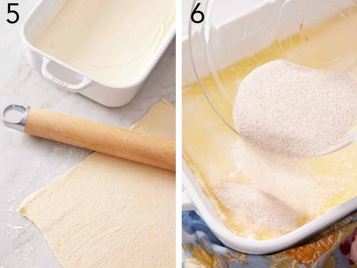 Set of two photos showing more dough rolled out and cinnamon-sugar poured over top.