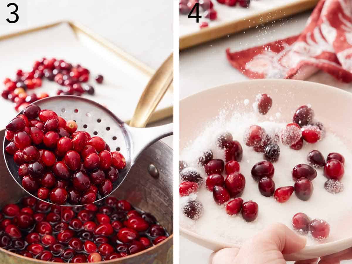 Set of two photos showing cranberries skimmed out of the sauce pan and then tossed in more sugar.