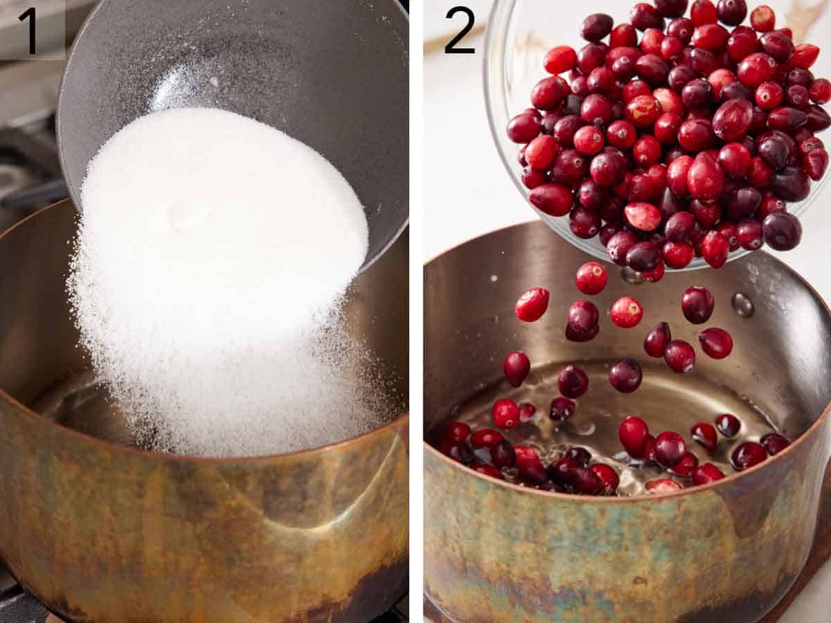 Set of two photos showing sugar and cranberries added to a sauce pan.