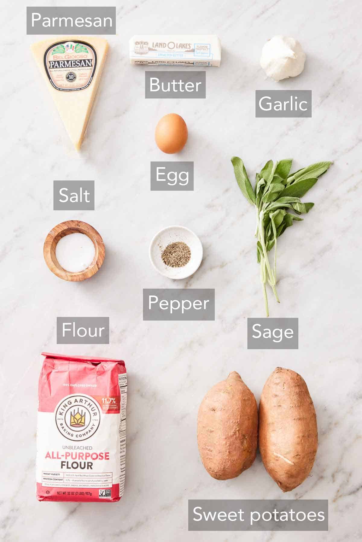 Ingredients needed to make sweet potato gnocchi.