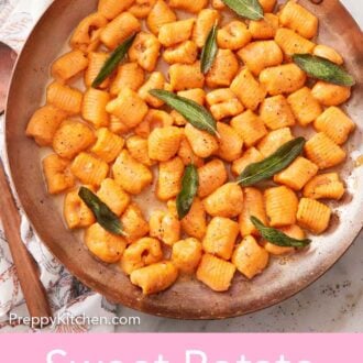 Pinterest graphic of an overhead view of a skillet of sweet potato gnocchi with sage.