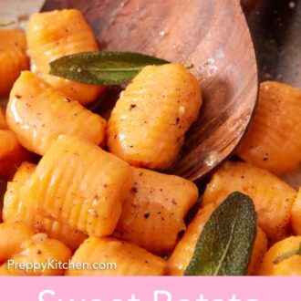 Pinterest graphic of a wooden spoon tucked under sweet potato gnocchi in a skillet.