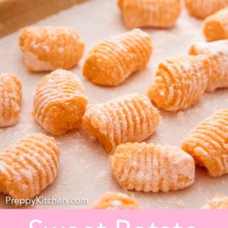 Pinterest graphic of rolled gnocchi on a sheet pan.