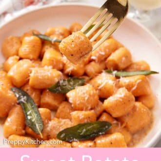 Pinterest graphic of a fork lifting up a sweet potato gnocchi from a plate.