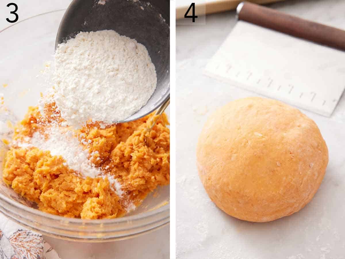 Set of two photos showing flour added to the bowl then dough rolled into a ball.