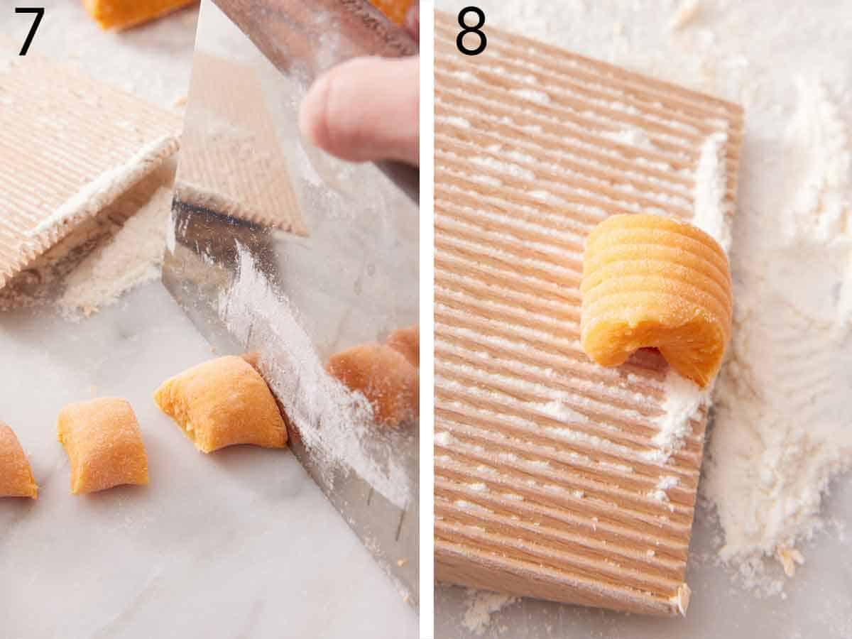 Set of two photos showing dough cut into small pieces and rolled on a gnocchi board.