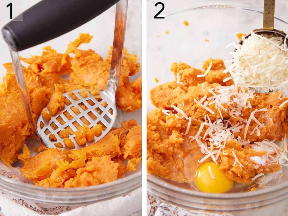 Set of two photos showing sweet potatoes mashed then parmesan and egg added.