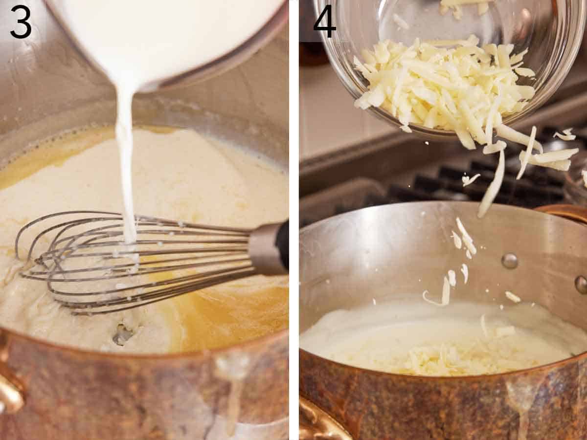 Set of two photos showing milk and shredded cheese added to a pot.