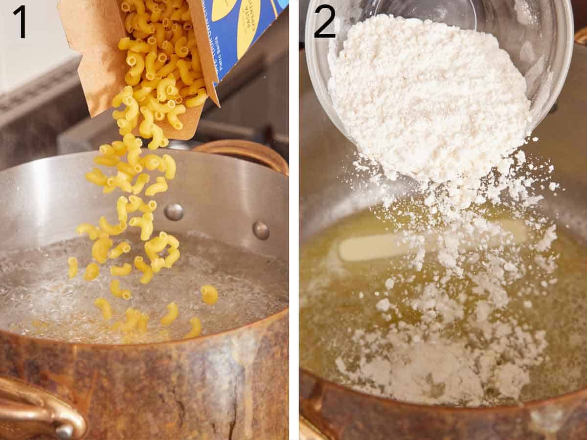Set of two photos showing pasta added to a ot of water and flour added to a pot of melted butter.