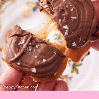 Pinterest graphic of a chocolate turtle torn in half showing the melty caramel center.