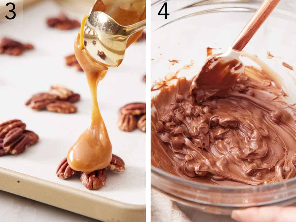 Set of two photos showing caramels spooned over the pecans and chocolate chips being melted and stirred in a bowl.
