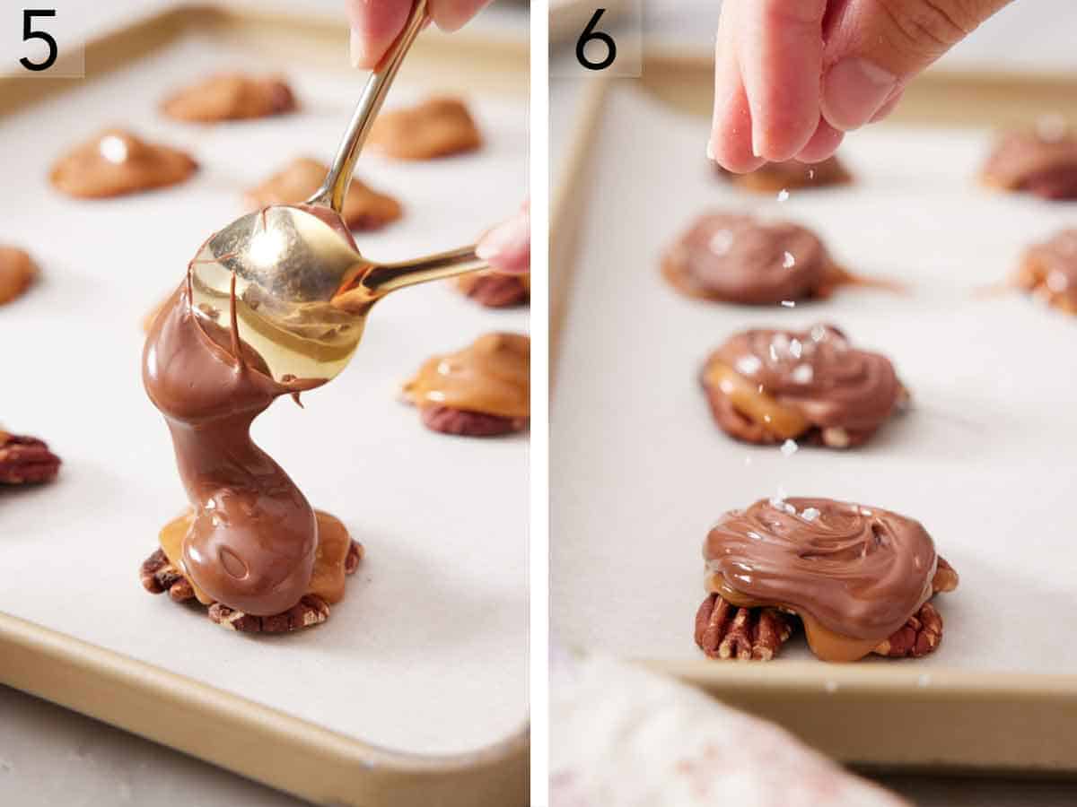 Set of two photos showing melted chocolate spooned over the pecans and caramel then topped with flaky sea salt.