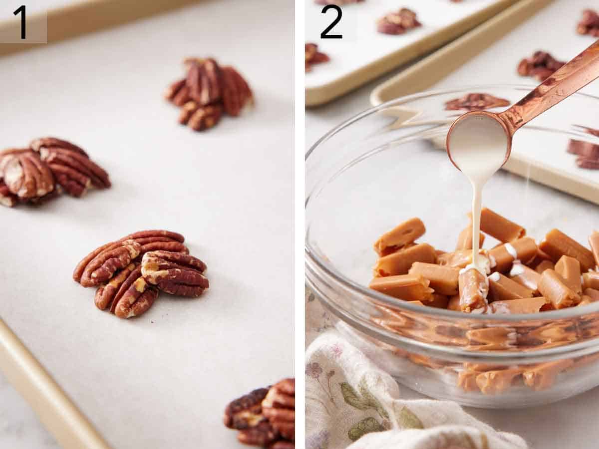 Set of two photos showing pecans placed on a lined sheet pan and cream added to chewy caramels in a bowl.