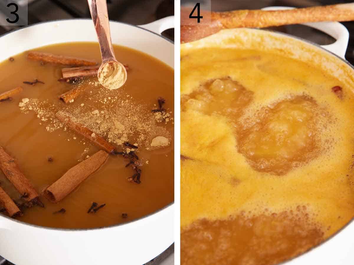 Set of two photos showing cinnamon sticks, cloves, and ground ginger added to the pot and simmered.