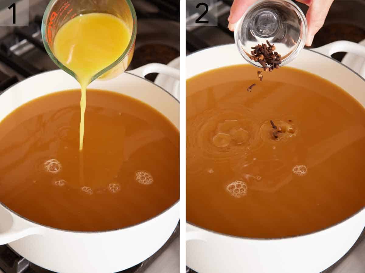 Set of two photos showing orange juice and cloves added to a dutch oven with apple cider.