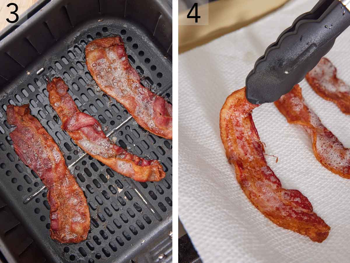 Set of two photos showing air fried bacon in the air fryer basket then transferred to a paper towel lined sheet.