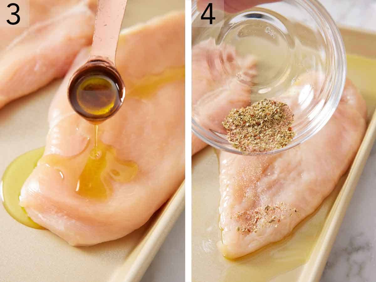 Set of two photos showing olive oil and seasoning added to the chicken.